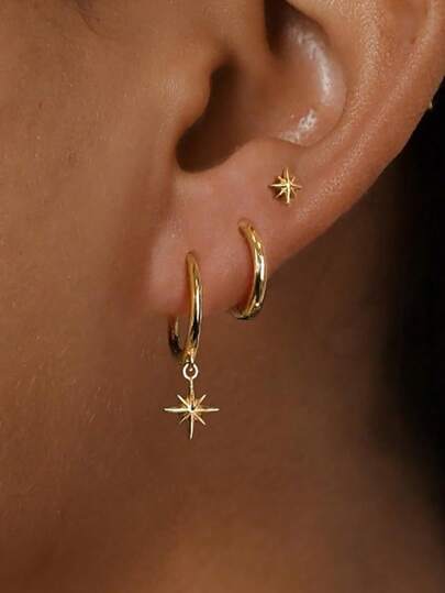 3PCS Single Ear Star Dangle Earrings, Women's Exquisite Huggie Hoop Earrings, Women's Stacked Earrings