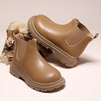 儿童休闲切尔西靴，圆头弹力踝靴，百搭棕色踝靴