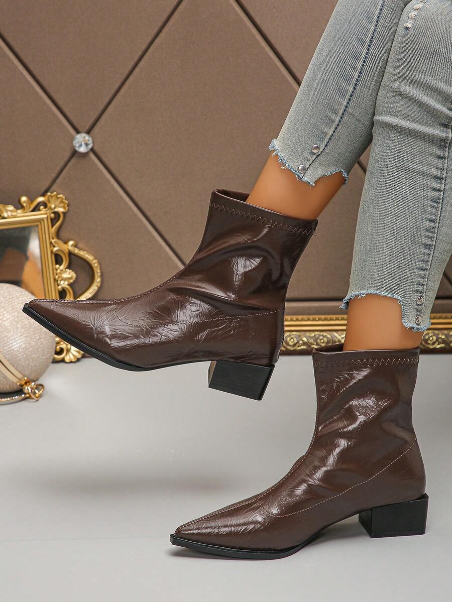 Pointed Toe European American Short Boots For Women, New Style 2024 Autumn Winter Women Boots, Fashion Chunky Heel Skinny Boots, Niche Design Boots - Brown - View 1