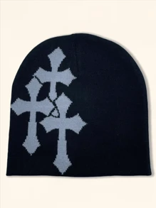 1 pieza Gorro tejido con diseño de cruz unisex estilo Y2k, gorro de punto cálido de hip hop y streetwear, adecuado para uso diario y deportes al aire libre