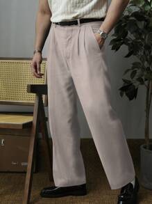 Pantalón de vestir recto y plisado liso para hombre - Albaricoque - Ver 3