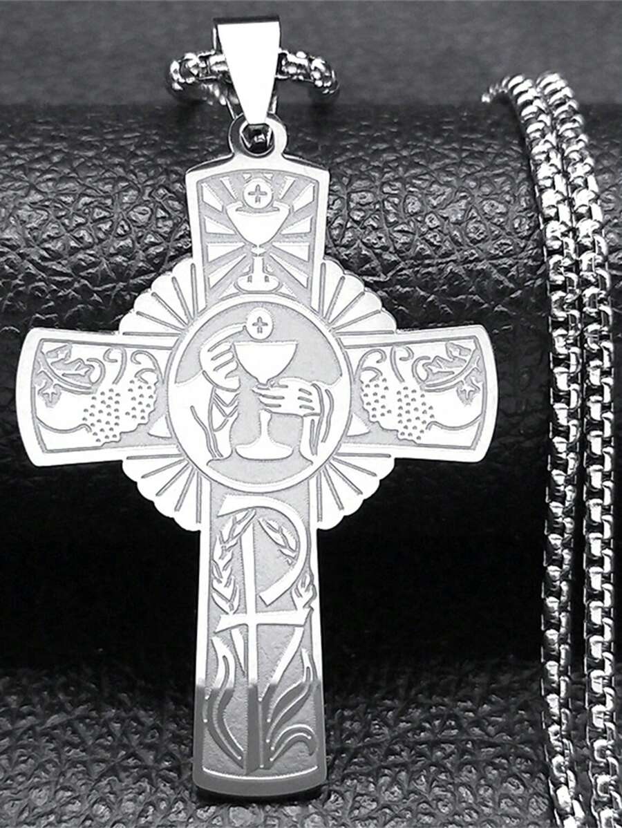 Lot De 3 Colliers Croix En Acier Inoxydable - Pour Hommes Et Femmes, Pendentif 4,5 Cm, Longueur 59 Cm, Trois Coloris