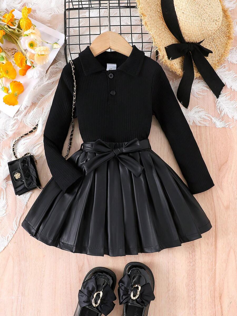 3 件套年轻女孩黑色领口长袖衬衫、黑色百褶裙（配腰带）套装 - 黑色 - 查看 1