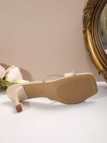 仙女风格水钻装饰带高跟穆勒鞋，法式时尚女士夏季高跟凉鞋 - 杏色 - 查看 9