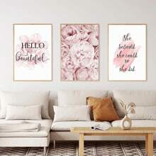 3 件套无框北欧风格粉红牡丹花卉帆布墙画套装，适合女孩房间家居装饰 - 彩色 - 查看 2
