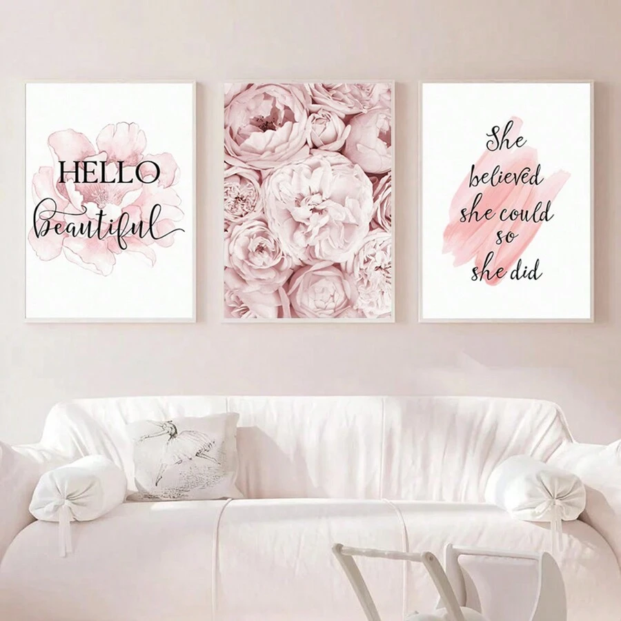 3 件套无框北欧风格粉红牡丹花卉帆布墙画套装，适合女孩房间家居装饰 - 彩色 - 查看 1
