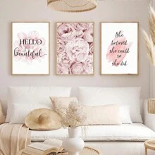 3 件套无框北欧风格粉红牡丹花卉帆布墙画套装，适合女孩房间家居装饰 - 彩色 - 查看 4