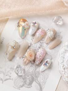 10Pcs Press On Heavy Industry Aurora Flower Naked Color Sugar Pink Flowers Pure Handmade Production Nails Long Nails Press On Nails Set Includes 1Sheet Adhesive Tabs &1 Pc Mini File Nail Supplies Nails - Multicolor - View 11