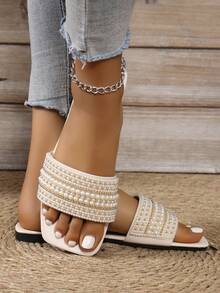 Dép đế bằng hở mũi đính ngọc trai cỡ lớn cho nữ 35-43, màu trắng - Màu be - Xem 2