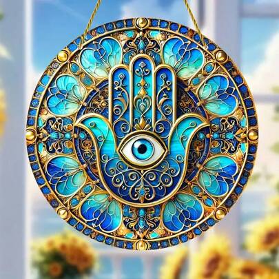 1 pieza Parasol con forma de mano de Hamsa de acrílico, decoración de ventana de vidrio de colores, adecuado para patio, porche, habitación, decoración del hogar, amuleto, 2D estereoscópico, decoración de Halloween, Navidad