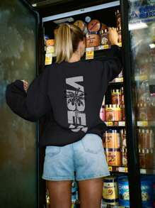 2025 Dames Herfst/Winter Nieuwe Eenvoudige Palmboom & Letter Print Casual Ronde Hals Lange Mouw Sweatshirt, Vakantie-geïnspireerd, Casual Maar Modieus: Ontdek Onze Dames Ronde Hals Sweatshirts Om Een Vleugje Elegantie Toe Te Voegen Aan Je Casual Garderobe