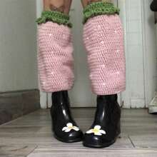 Women Knit Leg Warmers Contrast Color Cute Knee High Socks Aesthetic Boot Cuffs Cover For Streetwear Clothes Accessories - 粉色 - 查看 2
