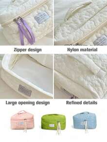 Cotton Makeup Bag, Travel Cosmetic Bag, Quilted Cosmetic Bag, Floral Aesthetic Cosmetic Bag, Cute Small Toiletry Bag, Travel Cosmetic Bag For Women And Girls, Zipper Bag, Makeup Organizer - 藍色 - 查看 3