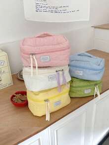 Cotton Makeup Bag, Travel Cosmetic Bag, Quilted Cosmetic Bag, Floral Aesthetic Cosmetic Bag, Cute Small Toiletry Bag, Travel Cosmetic Bag For Women And Girls, Zipper Bag, Makeup Organizer - 藍色 - 查看 2