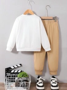 年轻男孩 2 件套休闲套装，棕榈树印花长袖 T 恤和裤子，舒适时尚的服装 - 黃色 - 查看 2