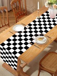 1 件 180*35 厘米黑白棋盘风格涤纶桌布，赛车主题派对桌面中心装饰矩形桌布套 - 彩色 - 查看 2