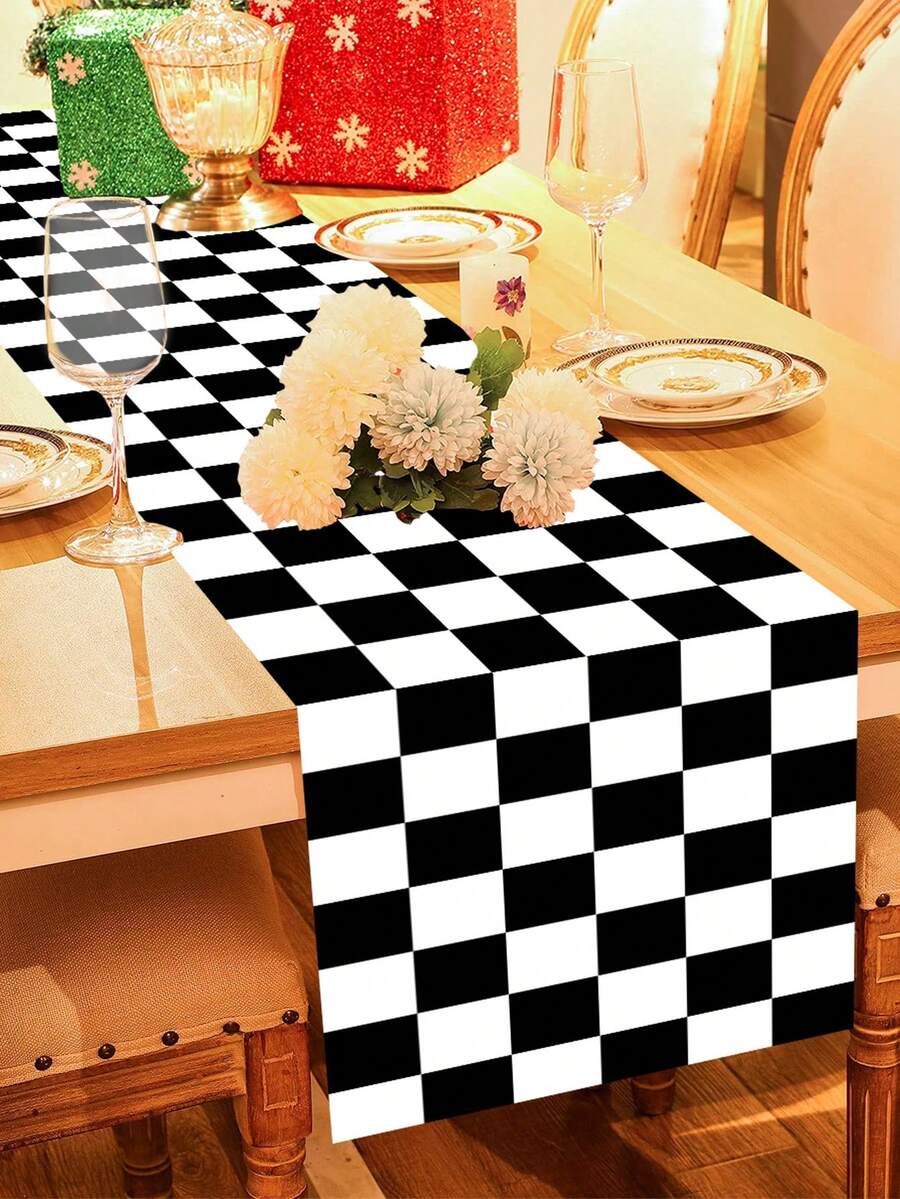 1 件 180*35 厘米黑白棋盘风格涤纶桌布，赛车主题派对桌面中心装饰矩形桌布套 - 彩色 - 查看 1