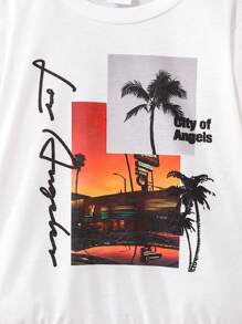 年轻男孩 2 件套休闲套装，棕榈树印花长袖 T 恤和裤子，舒适时尚的服装 - 黃色 - 查看 5