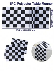 1 件 180*35 厘米黑白棋盘风格涤纶桌布，赛车主题派对桌面中心装饰矩形桌布套 - 彩色 - 查看 3