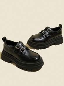 Women's Black Thick Heel High Heels With Platform, Patent Leather Office Loafers Shoes With Buckle