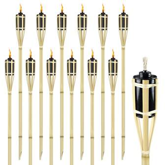 Froadp Froadp Set van 12 Bamboe Tuinfakkels voor Buiten met Brandstoflont en Metalen Olieopslagtank Wegolielamp voor FeestjesPadverlichting (Ø5,5x90cm)