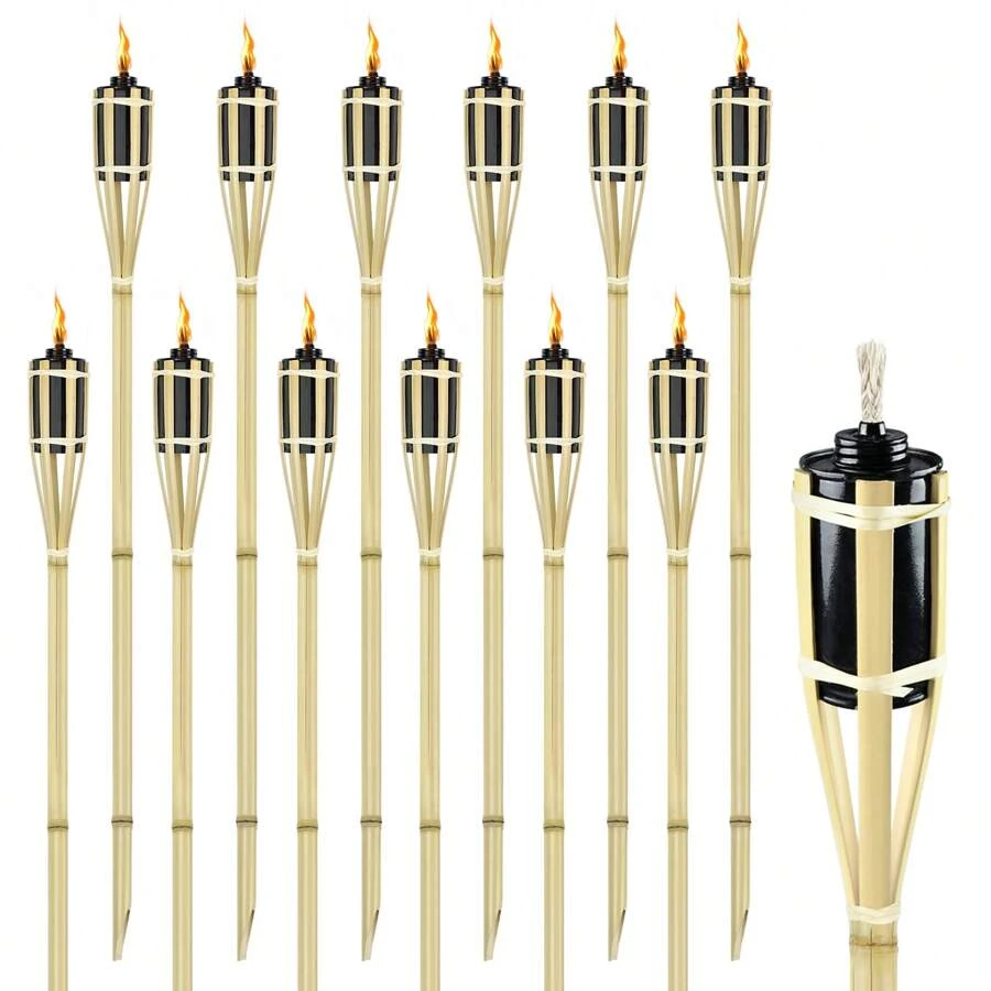 Froadp 12 Pack Outdoor Garden Torches Bamboo With Fuel Wick And Metal Oil Storage Tank Path Oil Lamp For Parties Pathway Lighting (Ø5.5x90cm) - Black - View 1