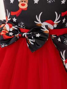 Young Girls Christmas Party Deer Print Mesh Contrast Cap Sleeve A-Line Dress - Red and Black - View 6