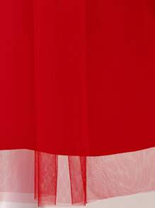 Young Girls Christmas Party Deer Print Mesh Contrast Cap Sleeve A-Line Dress - Red and Black - View 8