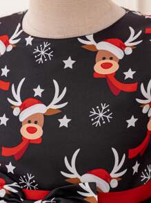 Young Girls Christmas Party Deer Print Mesh Contrast Cap Sleeve A-Line Dress - Red and Black - View 4