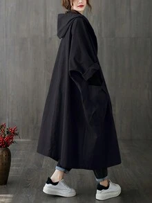 Manteau long trench oversize en tissu style chinois artistique pour femmes, printemps/été, avec grandes poches, fermeture boutonnée devant, veste décontractée à capuche noire - Noir - Voir 6