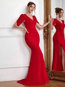 New Sexy V Neck Backless Formal Dress With Pearls, Fitted Elegant Evening Gown With Train, Spring/Summer Party Dress Wedding Guest Dress