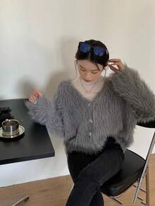 纯色落肩蓬松开衫，长袖上衣 - 灰色 - 查看 3