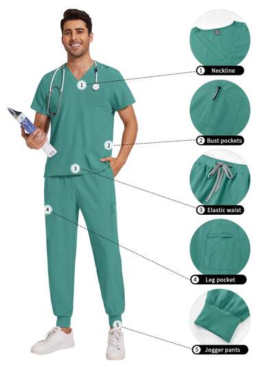 Herrset för medicinska arbetskläder, Tandläkar-/sjuksköterskeuniform, V-ringad kortärmad topp, Medicinska sportbyxor, Sjuksköterskekläder, Läkarkläder