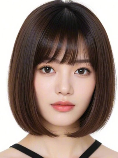 12 英寸优雅中棕色波浪假发，带刘海，女式直发，高温纤维合成，可调节带帽，男女通用