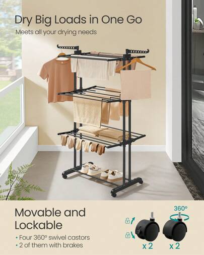 SONGMICS Large Clothes Airer, Foldable Clothes Drying Rack Laundry 4-Tier, Moveable Clothes Horse, 63.5 X 128 X 173 Cm, Stainess Steel, Folding Wings, Indoor Outdoor Use, Ink Black