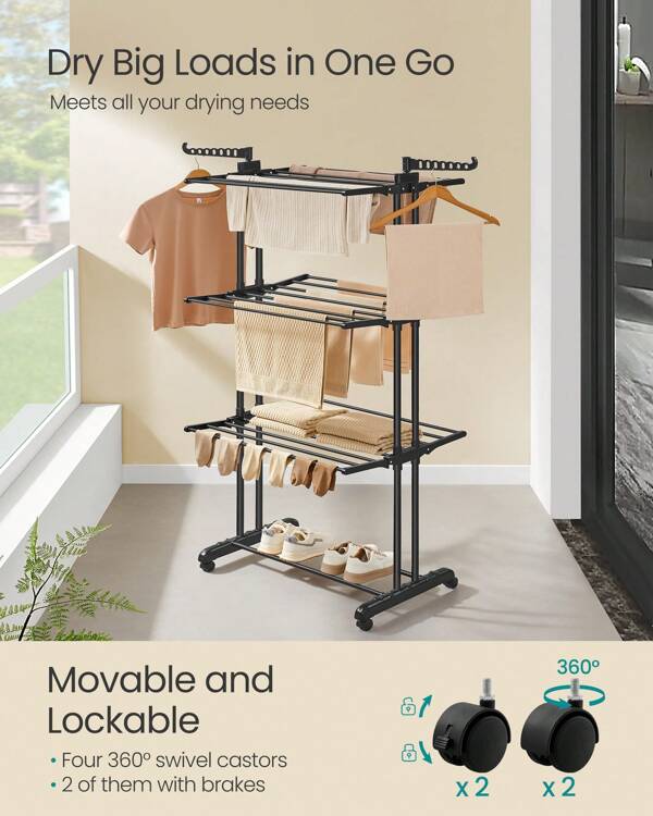 SONGMICS Large Clothes Airer, Foldable Clothes Drying Rack Laundry 4-Tier, Moveable Clothes Horse, 63.5 X 128 X 173 Cm, Stainess Steel, Folding Wings, Indoor Outdoor Use, Ink Black