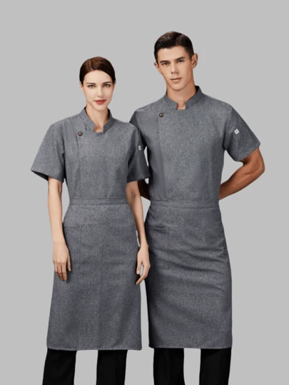 Premium Linen Short Sleeve Chef Uniform, Suitable For High-End Hotels, Restaurants, Bakeries, Cafes. Durable, Washable, Colorfast, Shrink-Resistant, Breathable, Comfortable, Smooth. Customized Buttons, Fashionable And Elegant Design