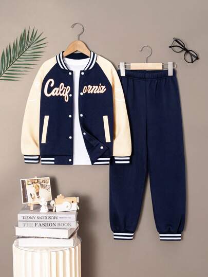 2 件套年轻男孩和小孩休闲时尚字母印花插肩袖撞色运动衫和裤子套装