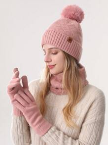 1-3件套女士冬季针织帽、围巾和触屏手套套装，双层加厚保暖内衬，菱形图案带绒球，雪花纹理，保暖御寒，适合滑雪、旅行、驾车、约会等场合，可作为礼物送给她，日常穿着，冬季配饰，冬季服装，情人节礼物