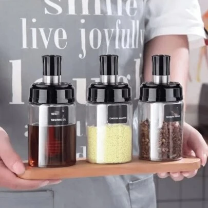 6 件套带盖香料罐，玻璃调味品容器，厨房调味瓶，酱醋酱油盐容器