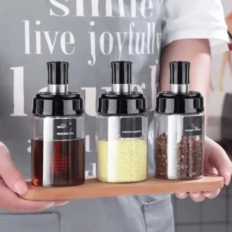 6 件套带盖香料罐，玻璃调味品容器，厨房调味瓶，酱醋酱油盐容器