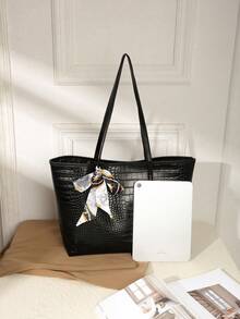 1 Túi Tote PU Đen Có Khăn Quàng Cổ, Túi Xách Thời Trang Sức Chứa Lớn Phù Hợp Cho Phụ Nữ Đi Làm Và Sử Dụng Ngoài Trời - màu đen - Xem 5