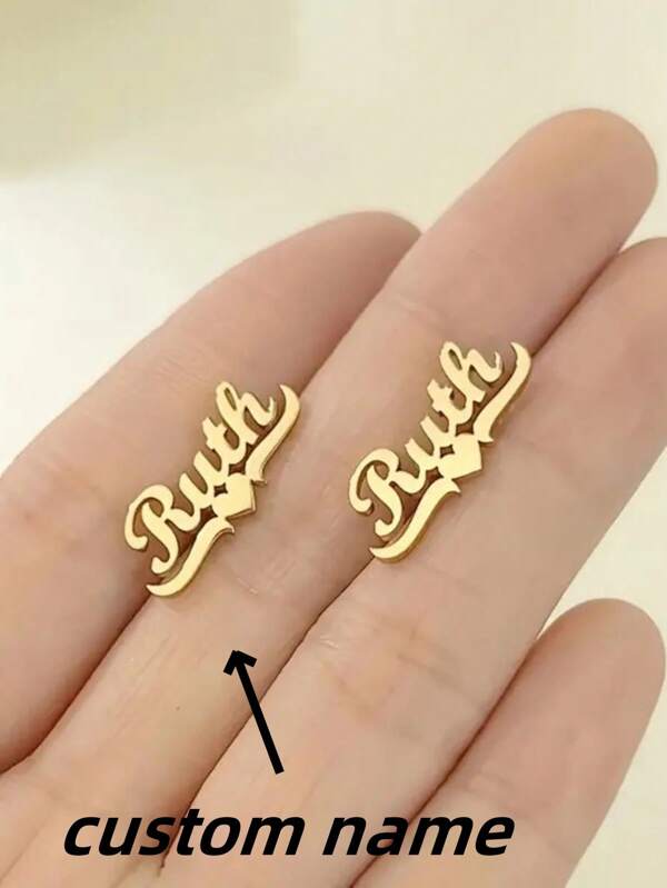 1pc Gold And Silver Customized Personalized Elegant And Lovely Style, Customized A Pair Of Personalized Name Earrings, Stainless Steel Cute Love Bow Name Earrings, Women's Fashion Earrings, Language Limited To English Letters Valentines
