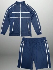 Mens Stripe Tape Zip Up Jacket And  Short  Set Co-Ord Long Sleeve Two-Piece Set - Navy Blue - View 1