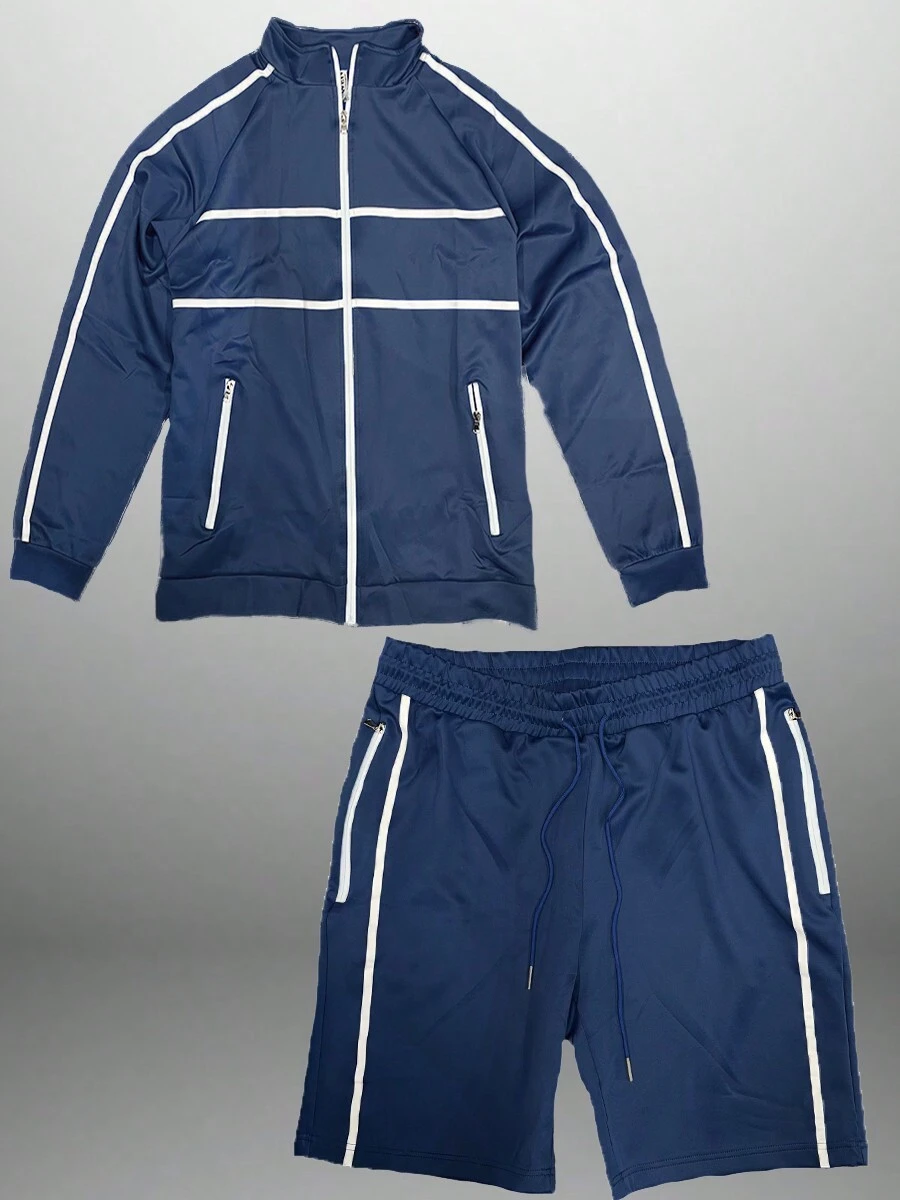 Mens Stripe Tape Zip Up Jacket And  Short  Set Co-Ord Long Sleeve Two-Piece Set - Navy Blue - View 1