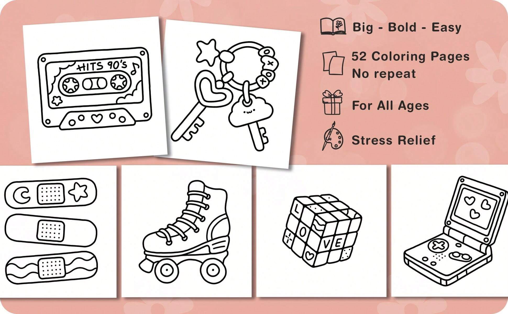 Cute & Groovy Coloring Book For Adults And Kids, Bold And Easy, Simple