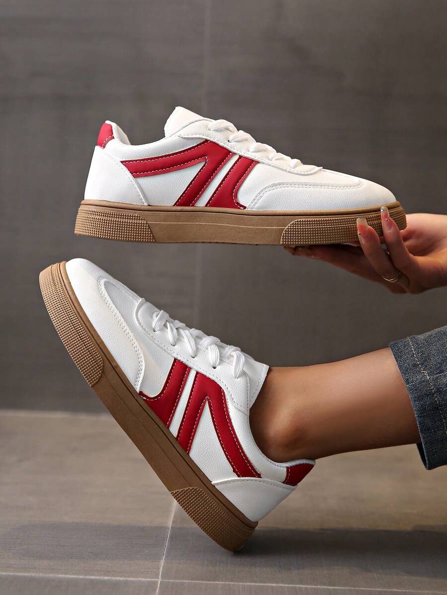 Women's Casual Fashion Sneakers, Lightweight Fabric Insole, Rubber Sole, Low Top Lace-Up, Minimalist Toe Cap, All Season Shoes - Red - View 1