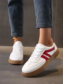 Women's Casual Fashion Sneakers, Lightweight Fabric Insole, Rubber Sole, Low Top Lace-Up, Minimalist Toe Cap, All Season Shoes - Red - View 3