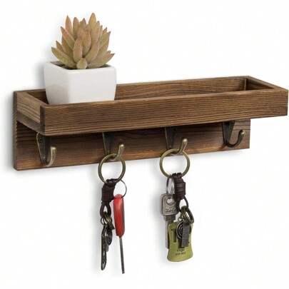 10 Inch Floating Wall Shelf With Hooks, Whitewashed Wood Entryway Storage Shelf With 4 Metal Key Hooks