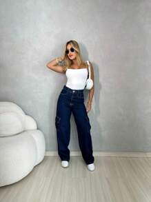 Women's Dark Wash Denim Cargo Pants - Rửa tối - Xem 6